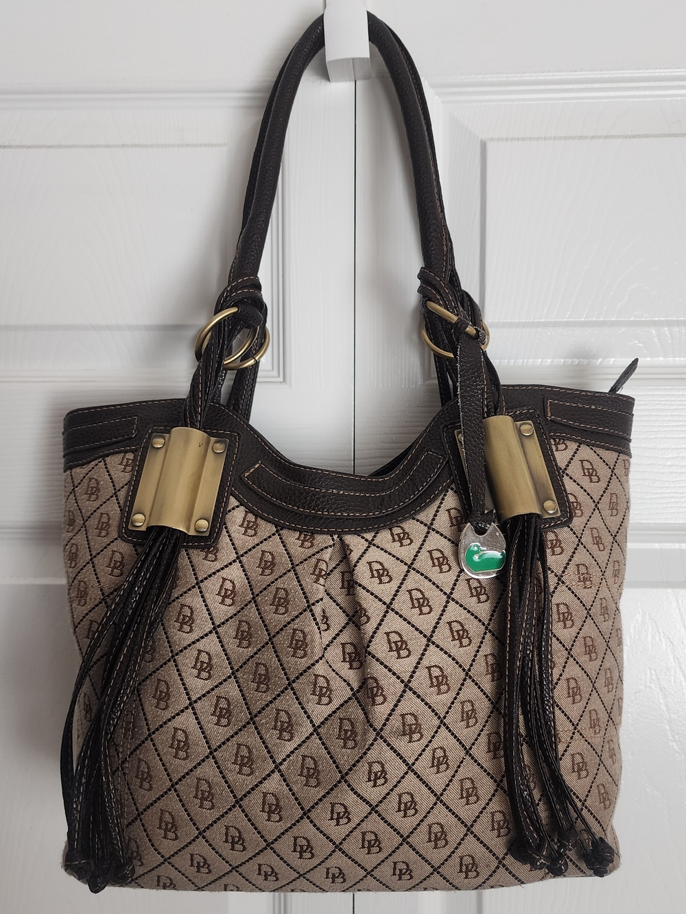 Vintage Dooney & Burke Signature DB Monogram Brown Tan Bag Brass Fringe Accents